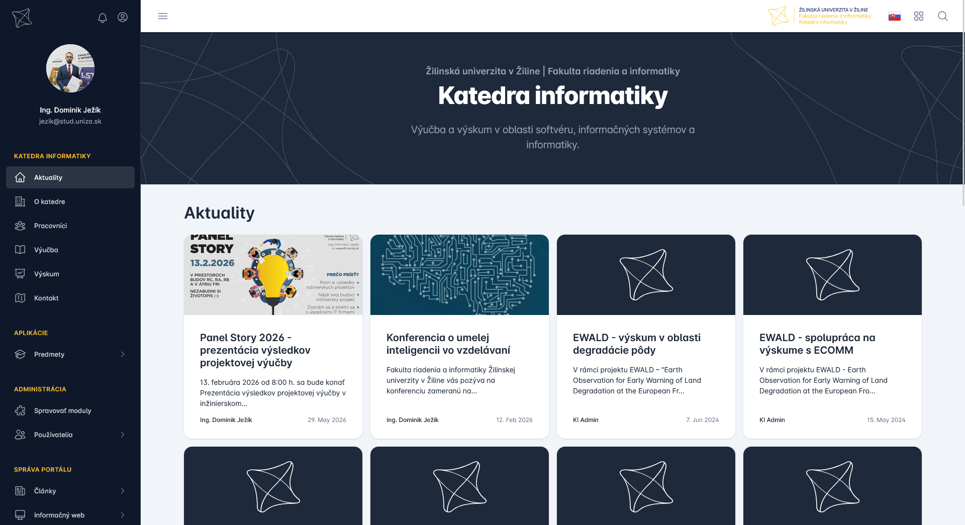 Domovská obrazovka portálu Katedry informatiky